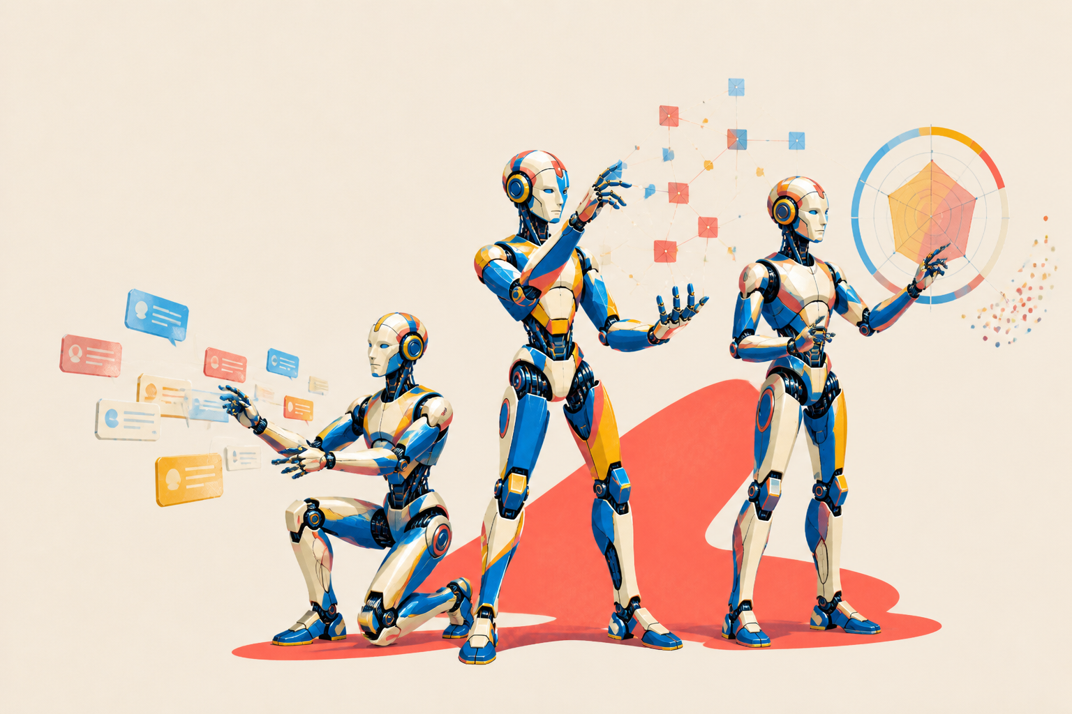 Trois robots transforment des conversations en carte de sujets et profil radar